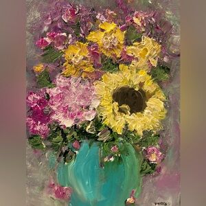 ORIGINAL ACRYLIC TEXTURIZED FLORAL PAINTING size 16 x 12 inch